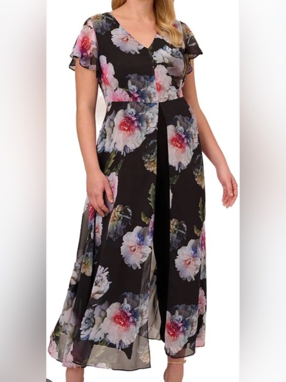 Adrianna Papell Stretch Crepe Jumpsuit with Printed Chiffon Overlay Floral Black
